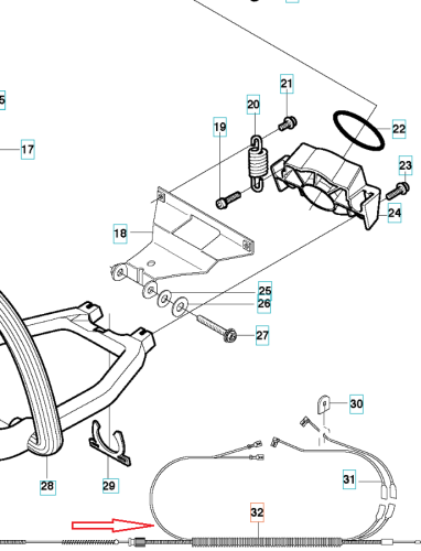 Wiązka sterownicza nożyc 123HD60/123HD65X Husqvarna, czarna, z elementami mocującymi i detalami połączeń, widok z góry na białym tle z oznaczeniami części.