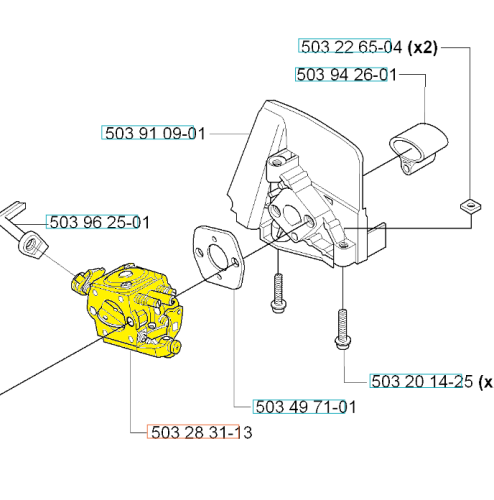 Gaźnik nożyc 323HD60/wykaszarki 326RX Husqvarna, w kolorze żółtym, widoczny z boku. Produkt podłączony do osprzętu, wyeksponowane mocowania i elementy montażowe. Obok widoczne numery części. Całość na prostym tle.