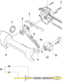 Linka gazu nożyc 325HE3/525HE3 Husqvarna na płaskiej powierzchni, z tworzywa z metalowymi końcówkami. Elastyczna, żółta z spiralnym wzmocnieniem i widocznym mocowaniem.