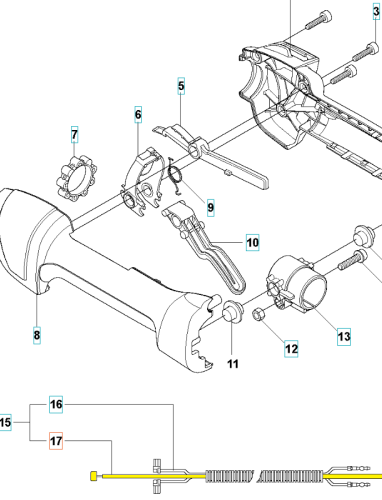 Linka gazu nożyc 325HE3/525HE3 Husqvarna na płaskiej powierzchni, z tworzywa z metalowymi końcówkami. Elastyczna, żółta z spiralnym wzmocnieniem i widocznym mocowaniem.