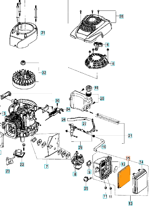 Filtr powietrza Husqvarna do kosiarki M46-140 RX McCulloch w pomarańczowym kolorze, w formie prostokątnej, widoczny z boku. Element z wyraźnym wzorem siatkowym i logo. Produkt leży na płaskiej powierzchni, otoczony innymi detalami motocykla.