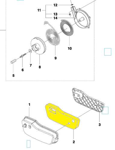 Filtr powietrza dmuchawy 356BTx Husqvarna. Złożony, widoczny z boku. Części w kolorze czarnym i żółtym, pokazujące mocowanie oraz szczeliny. Prosty, techniczny rysunek, brak zbędnych ozdób. Tło białe, co podkreśla detale produktu.