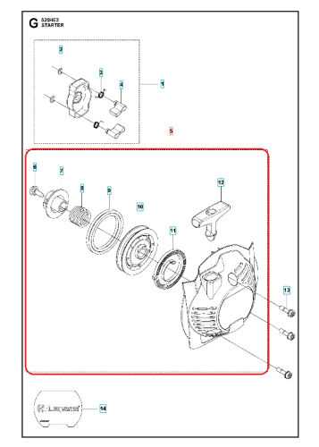 Rozrusznik nożyc 525HE3 do wykaszarki 525RX Husqvarna, widok z przodu, elementy: kolektor, wirnik, korpus, otwory montażowe, metaliczna tekstura. Napisy i logo nieczytelne.