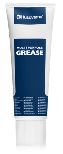 Smar uniwersalny przekładniowy Husqvarna w tubie, biały z niebieską etykietą. Widoczny napis MULTI PURPOSE GREASE. Tubka leży w poziomie, na prostym, ciemnym tle, co podkreśla jej kształt i kolorystykę.