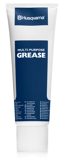 Smar uniwersalny przekładniowy Husqvarna w tubie, biały z niebieską etykietą. Widoczny napis MULTI PURPOSE GREASE. Tubka leży w poziomie, na prostym, ciemnym tle, co podkreśla jej kształt i kolorystykę.