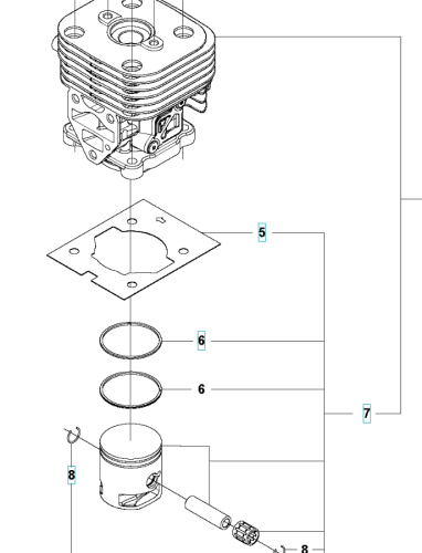 Cylinder do wykaszarki 525RX Husqvarna, złoty, żeberkowany, widok z góry. Obok uszczelki, pierścienie i elementy montażowe na białym tle, bez tła, pokazane detale techniczne.