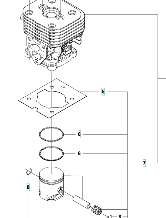 Cylinder do wykaszarki 525RX Husqvarna, złoty, żeberkowany, widok z góry. Obok uszczelki, pierścienie i elementy montażowe na białym tle, bez tła, pokazane detale techniczne.