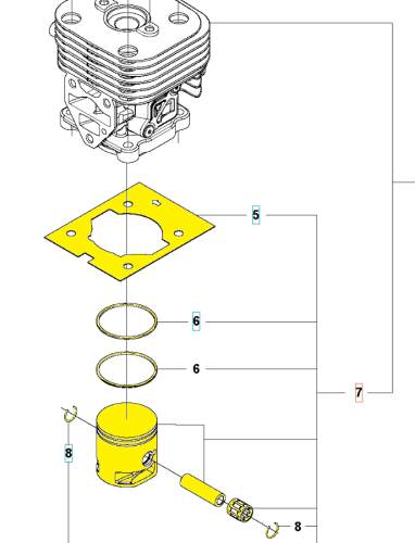 Żółty tłok do podkaszarki Husqvarna 525LK/525RX, widok z przodu. Obok uszczelka i pierścienie. Wysokiej jakości do wymiany w urządzeniach ogrodniczych.