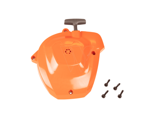 Rozrusznik nożyc w kolorze pomarańczowym z uchwytem do uruchamiania, widoczny z boku. Obok znajdują się cztery czarne śruby. Elementy montażowe i napis na obudowie są czytelne. Tło białe, co podkreśla szczegóły produktu.