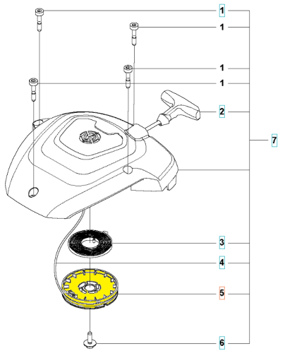 Koło linowe nożyc 522HD60S/522HS75S Husqvarna, widok z góry, złożone, ukazuje żółty element mocujący oraz okrągły, czarny kabel. Na górnej części widoczne są detale konstrukcyjne oraz uchwyt. Tło jednolite, białe.