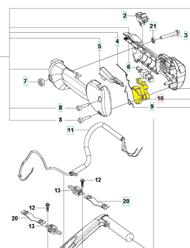 Dźwignia gazu nożyc 522HS75X/wykaszarki 543RS Husqvarna w kolorze czarnym, wykonana z tworzywa sztucznego, o ergonomicznym kształcie. Widoczna z boku z zachowanymi detalami mocowania oraz elementu sterującego. Na tle białym, ujęcie techniczne.