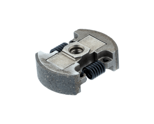 Sprzęgło nożyc Husqvarna 522HD60S/522HS75S w kolorze szarym, wykonane z metalu i tworzywa. Widoczne dwa sprężynowe mocowania. Produkt pokazany z przodu, w ułożeniu leżącym na jasnym tle, kompaktowy kształt z oznaczeniem gwintowym na środku.