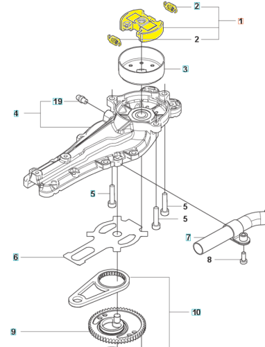 Sprzęgło nożyc Husqvarna 522HD60S/522HS75S z żółtą częścią i metalowymi śrubami na prostym tle, ukazujące detale konstrukcyjne i elementy montażowe w zbliżeniu.