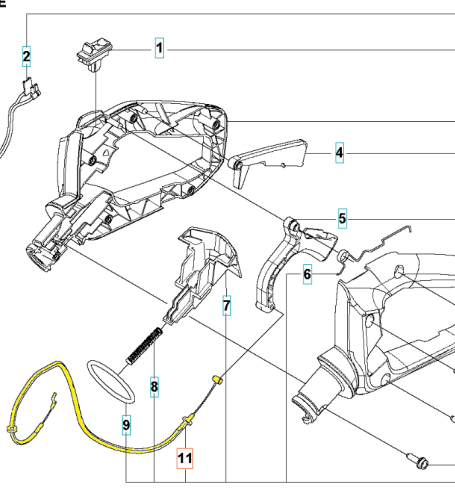 Żółta linka gazu do nożyc Husqvarna 522HD60S/522HDR75X z detalem przyłącza i złącza kabla oraz fragmentami mocowań, na białym tle, niezbędna dla funkcji urządzenia.