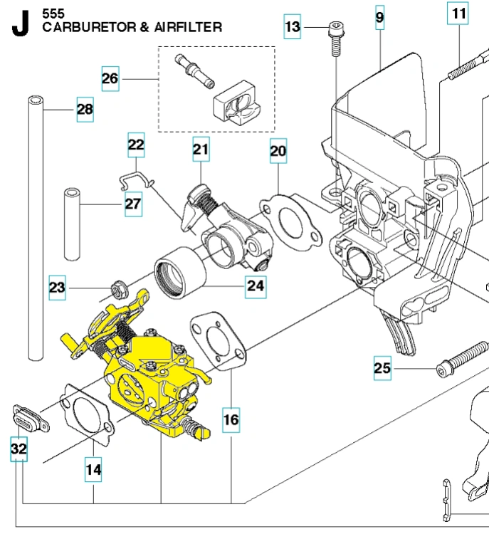 Gaźnik wykaszarki Husqvarna 555RXT/555FX w żółtym kolorze, z charakterystycznym kształtem, mocowaniami i przewodami, widok z góry na detale i oznaczenia serwisowe, otoczony częściami do montażu.