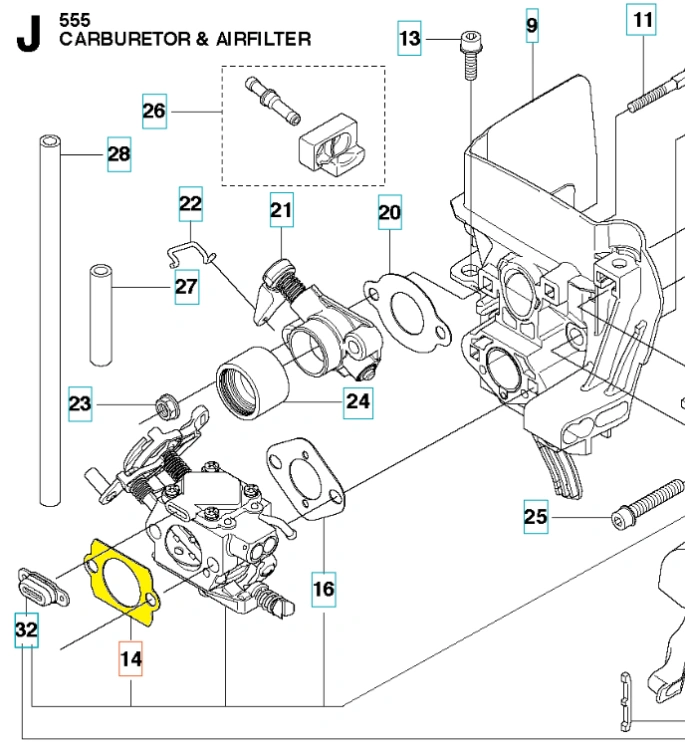 Uszczelka gaźnika do wykaszarki Husqvarna 555RXT/555FX w kolorze żółtym, o prostokątnym kształcie. Element leży na białym tle, z wyraźnymi krawędziami i gładką fakturą. Zbliżenie ukazuje szczegóły wykończenia. Widoczny numer katalogowy.