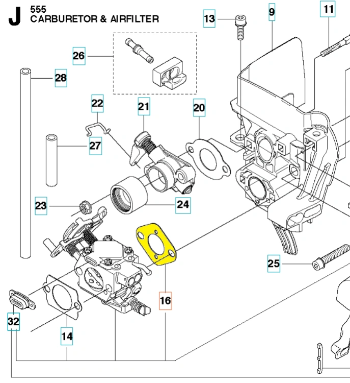 Uszczelka gaźnika w kolorze żółtym, wykorzystywana w wykaszarkach Husqvarna 555RXT/355FX. Produkt leży na białym tle, widoczny z góry. Posiada precyzyjny kształt, idealny do montażu. W zestawie z elementami montażowymi, które nie są widoczne.