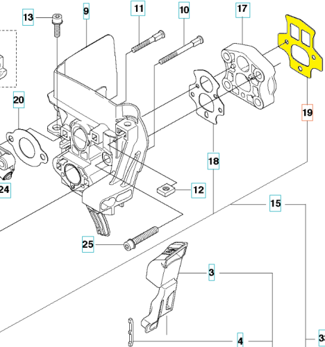 Czarna uszczelka wykaszarki Husqvarna 555RXT/555FX z elastycznego materiału, widoczna z przodu poziomo, z wycięciami. Białe tło ułatwia identyfikację. Wymiary dopasowane do modelu.