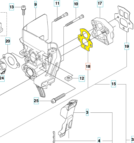 Uszczelka wykaszarki Husqvarna 555RXT/355FX w kolorze żółtym, gumowa, o elastycznej fakturze. Widoczna z boku, w pozycji leżącej. Otoczona częściami silnika wykaszarki. Wzór pełniący funkcję uszczelnienia, bez napisu czy logo.