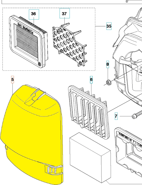 Pokrywa filtra wykaszarki Husqvarna 555RXT/555FX, żółta, wykonana z tworzywa sztucznego, z wygodnym uchwytem. Produkt leży poziomo, otoczony elementami filtracyjnymi i innymi komponentami. Widoczne logo i oznaczenia. Tło jasne, jednolite.