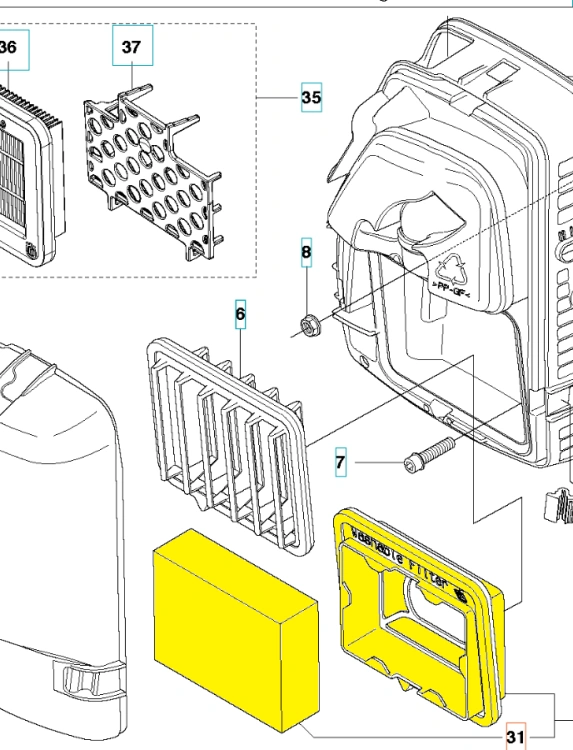 Filtr powietrza do wykaszarki Husqvarna 555RXT/355RX, przedstawiony w złożeniu, składa się z żółtej wkładki oraz siatki o prostokątnym kształcie z wieloma otworami. Elementy w nadrzędnej obudowie są widoczne z boku na jasnym tle.