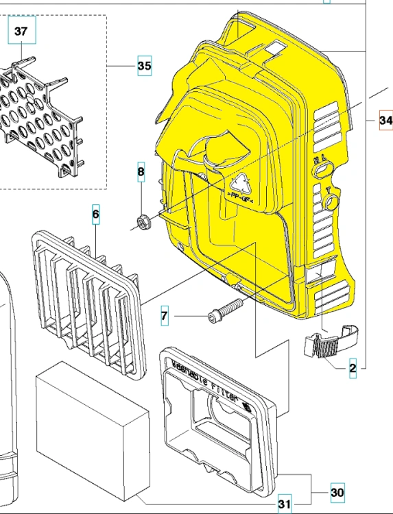 Uchwyt filtra wykaszarki Husqvarna 555RXT/555FX w kolorze żółtym, o prostokątnym kształcie. Widoczny z boków, detalizowane mocowanie i wyraźne oznaczenie VERBOTE FILTER. Elementy wykonane z tworzywa sztucznego, z teksturą matową. Tło białe.