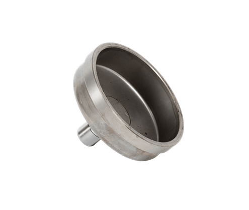 Metaliczny bęben sprzęgła do wykaszarki Husqvarna 555RXT/555FX, okrągły z otworem montażowym. Widok z boku ukazujący konstrukcję i gładką powierzchnię na jednolitym tle.