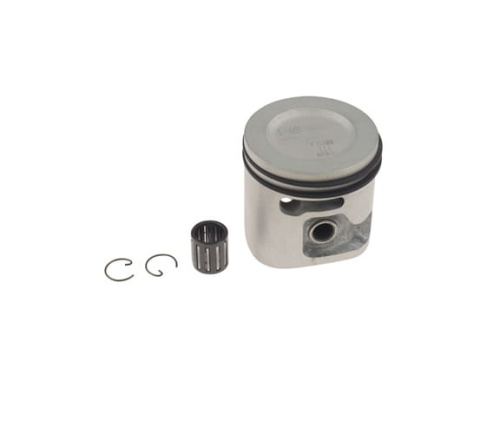 Tłok wykaszarki Husqvarna 555RXT/555FX w metalicznym kolorze z pierścieniami uszczelniającymi, obok sprzęgła i dwóch sprężyn na jednolitym tle. Idealny do wymiany w sprzęcie ogrodniczym.