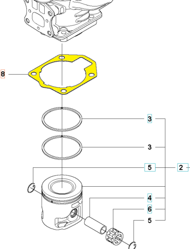 Żółta, okrągła uszczelka cylindra wykaszarki Husqvarna 555RXT/555FX z otworami montażowymi, leżąca płasko obok tłoka i pierścieni uszczelniających, dedykowana do silnika.