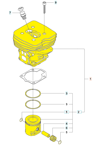 Cylinder do wykaszarki Husqvarna 555RXT/555FX w żółtym kolorze, z warstwami u góry. Leży poziomo, z widocznym tłokiem i uszczelkami na dole. Proste tło skupia uwagę na produkcie.