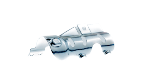 Płytka mocująca do wykaszarek Husqvarna 555RXT/355RX, metaliczna, srebrna z wyraźnymi szczelinami i mocowaniami. Ujęcie z boku, leżąca na czarnym tle. Wymiary i detale mocowania dobrze widoczne.