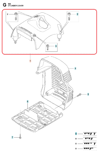 Pokrywa cylindra do wykaszarki Husqvarna 555RXT/555FX, w kolorze czarnym, wykonana z wytrzymałego materiału. Widoczna z boku, z detalami wnętrza. Zawiera mocowania oraz otwory na śruby. Tło proste, białe.