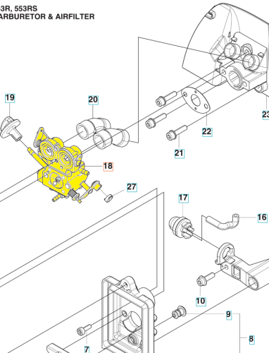 Gaźnik wykaszarki Husqvarna 553RS/253RJ, żółty z otworami i mocowaniami, z przewodami przy obudowie, widoczny odczepiony filtr powietrza i elementy konstrukcyjne na tle samochodu.