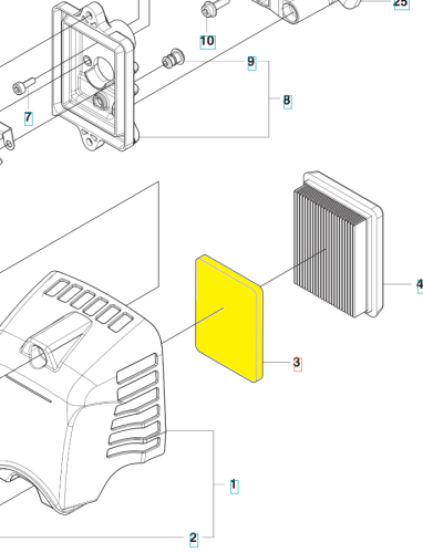 Filtr powietrza wykaszarki Husqvarna, w kolorze żółtym, o prostokątnym kształcie, z widoczną teksturą filtra. Ujęcie frontalne, wyróżniający się detal w pobliżu obudowy. Na białym tle, produkt w stanie nowym. Idealny do modelu 553RS/253RJ.