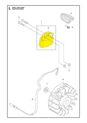 Moduł zapłonowy wykaszarki Husqvarna 553RS/253R w kolorze żółtym, z ergonomicznym uchwytem. Widoczny kąt ujęcia z góry, prezentujący także przewody i inne elementy układu zapłonowego. Tło białe, podkreślające detale produktu.
