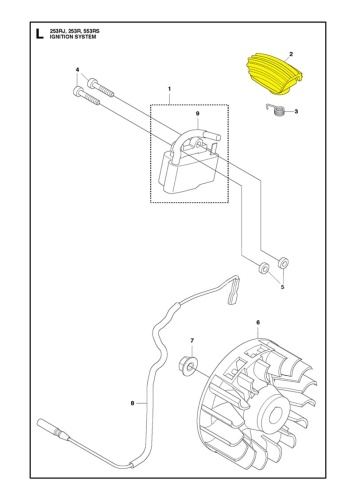 Schemat przedstawiający elementy systemu zapłonowego dla modeli Husqvarna 253RJ, 253R, 553RS. Widoczne są detale jak cewka zapłonowa, przewody oraz mocowania. Tło jest białe, co ułatwia identyfikację części.