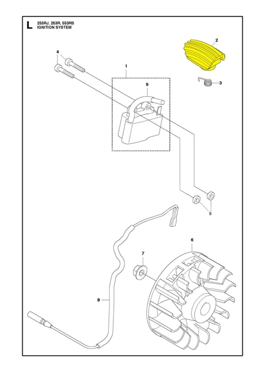 Schemat przedstawiający elementy systemu zapłonowego dla modeli Husqvarna 253RJ, 253R, 553RS. Widoczne są detale jak cewka zapłonowa, przewody oraz mocowania. Tło jest białe, co ułatwia identyfikację części.