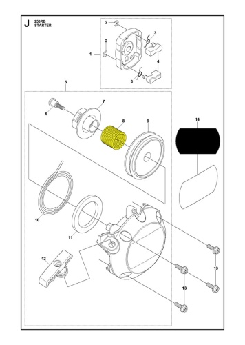 Żółta, metalowa sprężyna wykaszarki Husqvarna 553RS/253R o okrągłym kształcie, z detalami mocowań i fakturą, na jasnym tle w zbliżeniu.