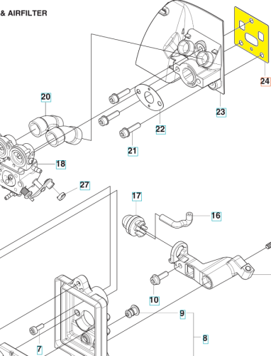 Uszczelka wykaszarki Husqvarna 553RS/253RJ, żółta, z tworzywa, prezentowana z boku. Widoczne otwory do mocowania oraz gładka faktura. Produkt leży na białym tle, co podkreśla jego kształt i detale. Rozmiar odpowiedni do montażu w wykaszarkach.
