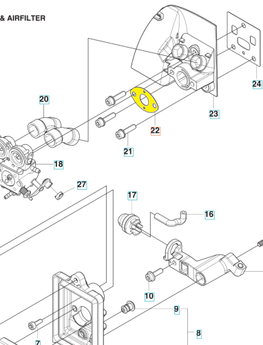 Uszczelka wykaszarki 553RS/253RB Husqvarna w kolorze żółtym, okrągła, z gładką powierzchnią, umieszczona w diagramie części. Produkt widoczny z boku w kontekście montażu, otoczony innymi elementami mechanizmu.