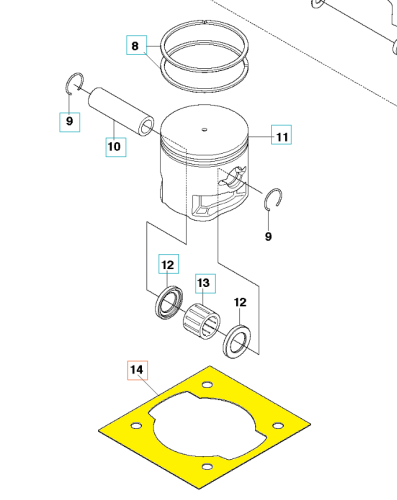 Uszczelka cylindra wykaszarki Husqvarna 553RS/253R. Żółta, prostokątna, z otworem pośrodku, z widocznymi otworami montażowymi w rogach. Ujęcie z góry, ukazujące kształt i detale. Element zamontowany do części silnika wykaszarki.