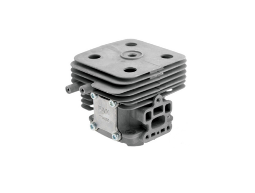 Cylinder wykaszarki 553RS/253R Husqvarna w kolorze szarym, wykonany z metalu, z płaską górną powierzchnią i wyraźnymi otworami mocującymi. Ujęcie z boku, produkt stojący, z widocznymi detalami konstrukcyjnymi.