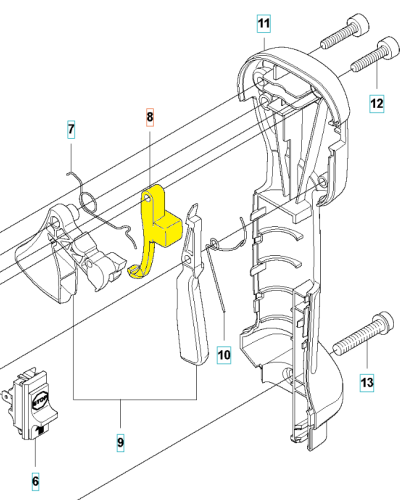 Blokada dźwigni gazu wykaszarki Husqvarna 553RS/525RX, żółta, plastikowa, pionowo ustawiona, z widocznym mechanizmem i mocowaniami na prostym białym tle.