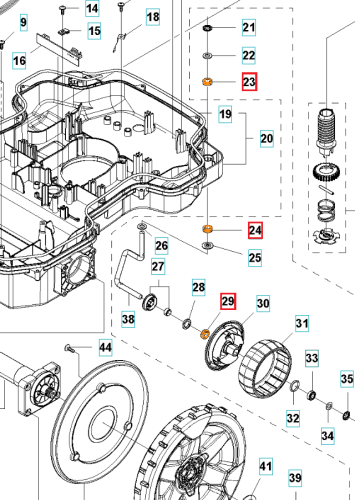 Łożysko kulkowe do Automower 320/430X firmy Husqvarna, czarny metal, okrągły kształt, umieszczone na szarej płycie z moździerzem, widoczna otwarta część z detalami łączącymi. Elementy montażowe do złożenia silnika w odległości.