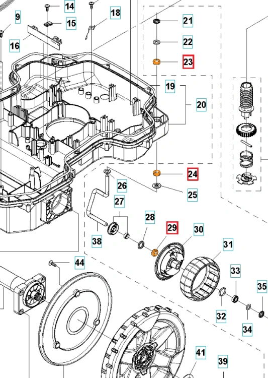 Łożysko kulkowe do Automower 320/430X firmy Husqvarna, czarny metal, okrągły kształt, umieszczone na szarej płycie z moździerzem, widoczna otwarta część z detalami łączącymi. Elementy montażowe do złożenia silnika w odległości.