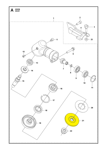 Tarcza pędna wykaszarki Husqvarna 553RS/253R w kolorze żółtym, okrągła, z wycięciami, widoczna z góry. Elementy konstrukcyjne pokazane w detalu, w kontekście montażu na wykaszarce. Tło proste, ułatwiające widoczność detali i numeracji.