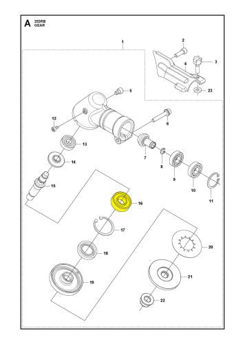 Łożysko kulkowe 553RS/253R Husqvarna, żółte, metalowo-plastikowe, z wyraźnym otworem i oznaczeniami, leży na stole. Przeznaczone do wykaszarek Husqvarna, gotowe do montażu.