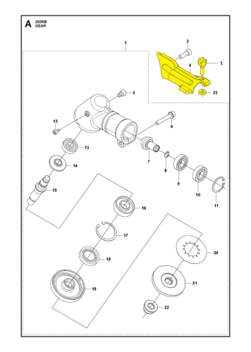 Wspornik wykaszarki Husqvarna 553RS/543RS w żółtym kolorze, z widocznymi elementami montażowymi, złączami i pokrętłami. Ujęcie z boku na białym tle eksponuje produkt i jego funkcje.