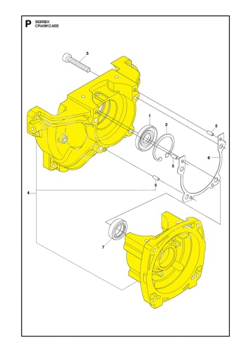 Skrzynia korbowa wykaszarki Husqvarna 553RS/253R z żółtego materiału, z widocznym zaworem, otworem na śrubę z pierścieniami oraz gumą uszczelniającą na białym tle podkreślającym detale.