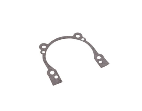 Uszczelka karteru wykaszarki w odcieniu szaro-brązowym, wykonana z gumowego materiału. Element w kształcie półokręgu z dwoma otworami montażowymi po bokach. Widok z góry, leżący na płaskiej powierzchni, bez dodatkowych akcesoriów.